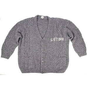 Gray Cardigan Sweater Unisex XXL V-Neck Wool Blend Grandpa Preppy Cable Knit